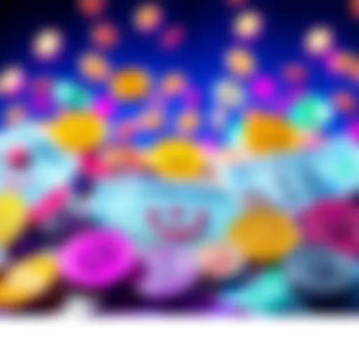 A colorful graphic showing funny financial elements like coins and banknotes with smiley faces.