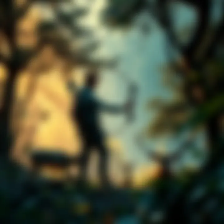 A person standing in the wilderness with a bow and arrow, surrounded by trees and wildlife
