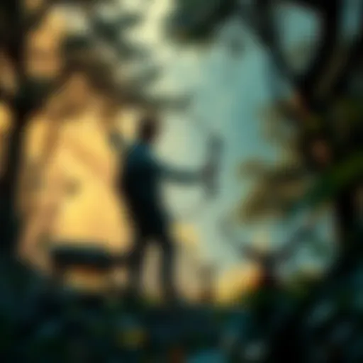 Hunting Adventure A person standing in the wilderness with a bow and arrow, surrounded by trees and wildlife