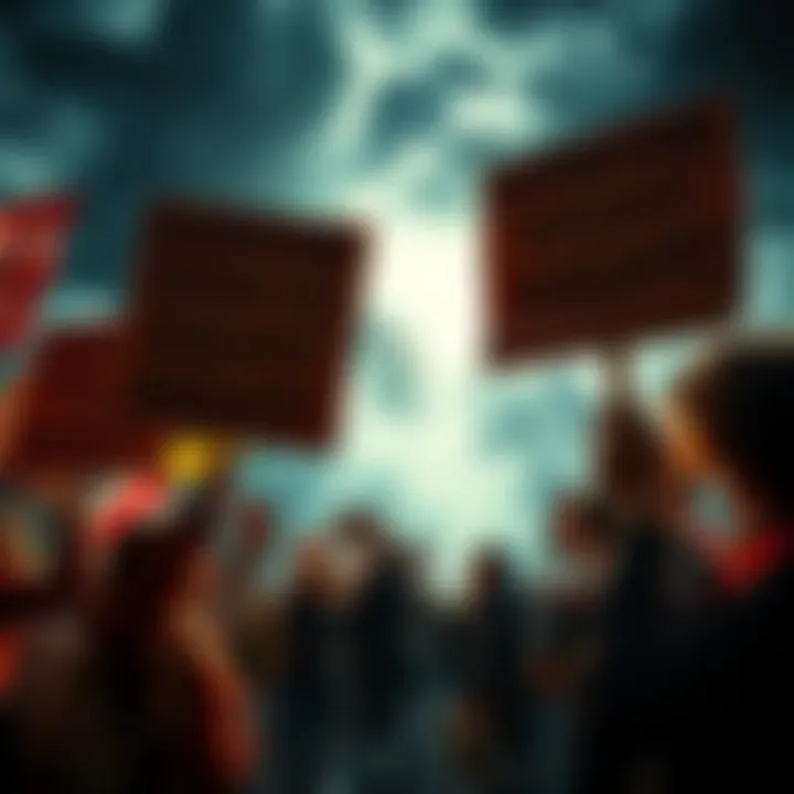People holding signs against the sale of hurricane rights, urging for legislative change, with stormy skies in the background.