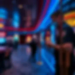 A security guard checking a person's ID at the entrance of Hustler Casino, ensuring compliance with entry requirements.