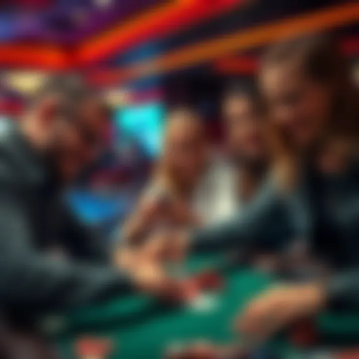 Enthusiastic gamblers placing bets at Hustler Casino, focused on their cards and chips, showcasing a lively poker scene.