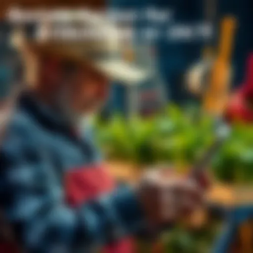 A farmer offering round-the-clock ID farming services, with a phone and farming tools in the background.