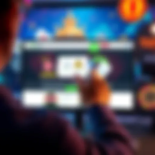 A person examining a computer screen showing a crypto casino website, highlighting licenses and warning signs.