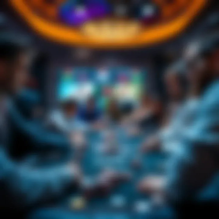 A group of players engaged in a poker game with chips and cards on the table, showcasing a lively gaming atmosphere,