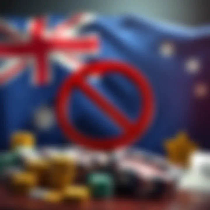 A visual representation of prediction markets with a 'no' sign, symbolizing their illegality in Australia, featuring gambling elements and an Australian flag in the background.