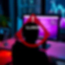 A warning sign about fraud in Illinois with a silhouette of a person looking at a computer screen