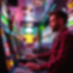 People playing slot machines in a bar setting, looking focused and engaged