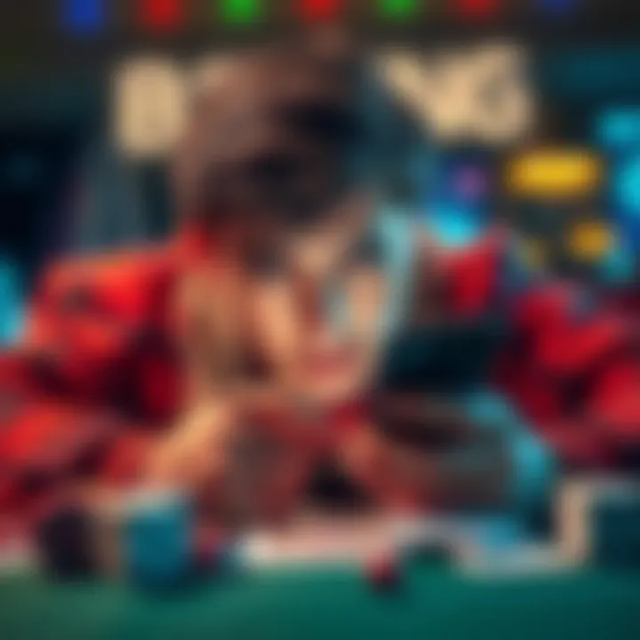 A person looking distressed while checking betting results on their phone, surrounded by gambling-related items like dice and cards.