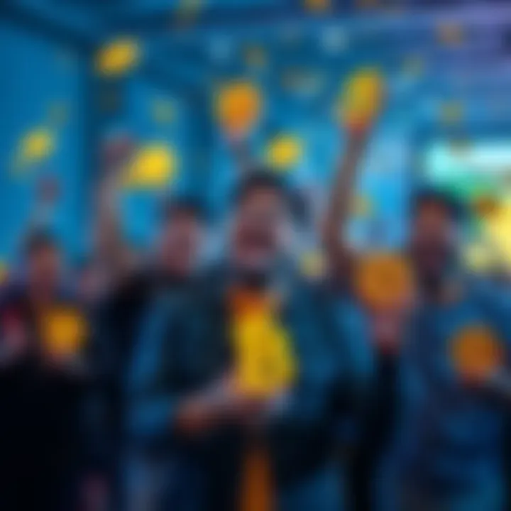 A group of Indian gamers celebrating with cryptocurrency symbols and bonuses in their hands