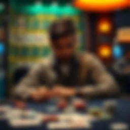 An Indian professional poker player sitting at a table, reflecting on his ten-year journey in the game, surrounded by playing cards and chips.