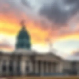 Exterior view of Indiana state government building with a cloudy sky