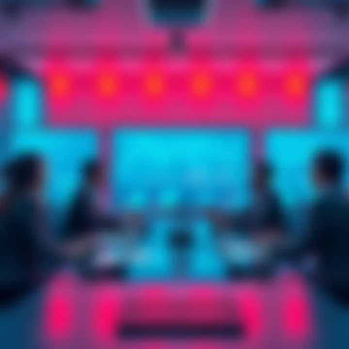 A group of professionals discussing the latest industry trends over a conference table, with charts and graphs displayed on a screen in the background.