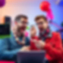 A humorous depiction of two influencers arguing in a colorful online setting, with exaggerated facial expressions and silly props.