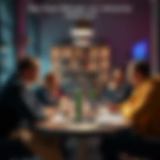 Group of influencers discussing Spin Quest A group of influencers sitting around a table, engaged in a serious conversation about Spin Quest and fraud allegations.