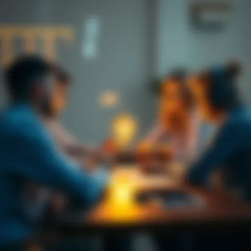 A group of people discussing new ideas around a table, with notes and a light bulb symbolizing new insights.