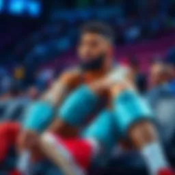 Injured Basketball Players Joel Embiid and Murphy sitting on the sidelines with ice packs on their knees, looking concerned about their injuries