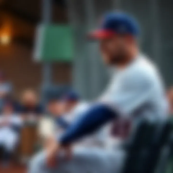 Injured Pitcher Sitting on the Bench A baseball pitcher sits on the bench with a pained expression after an injury, wearing a jersey and cap, while the game continues in the background.