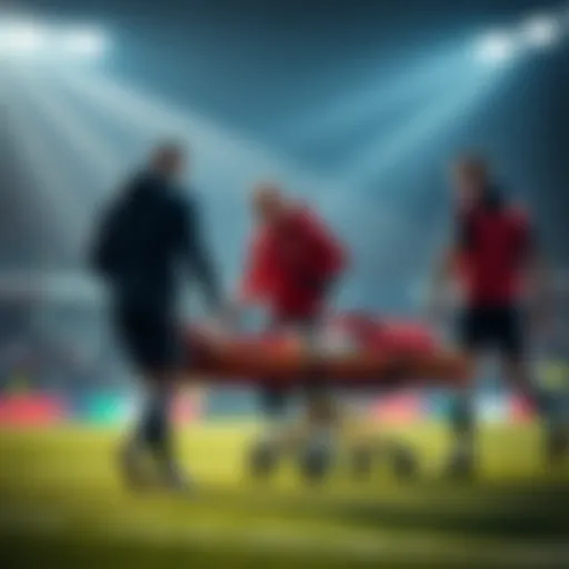 Player being carried off the field Injured player being taken away on a stretcher during a game