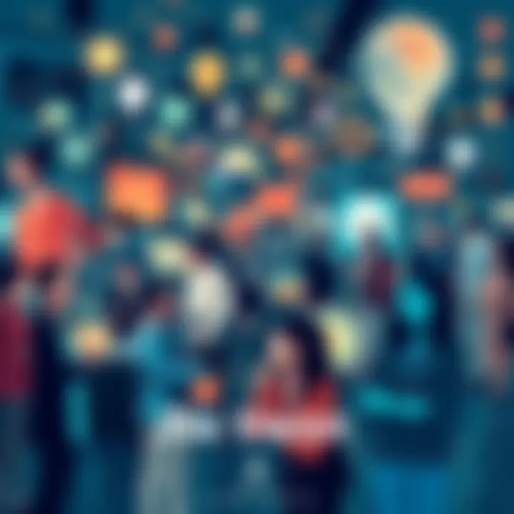 A collage of innovative concepts and ideas influencing society, featuring diverse people engaging in discussions and brainstorming.