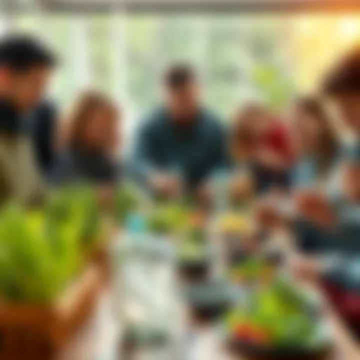 A visual representation of a diverse group of people collaborating to create sustainable food solutions, featuring crops and healthy meals on a table