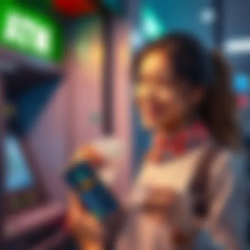 A person happily receiving cash from an ATM, symbolizing quick bank transfers, with a smartphone in hand showing a money app