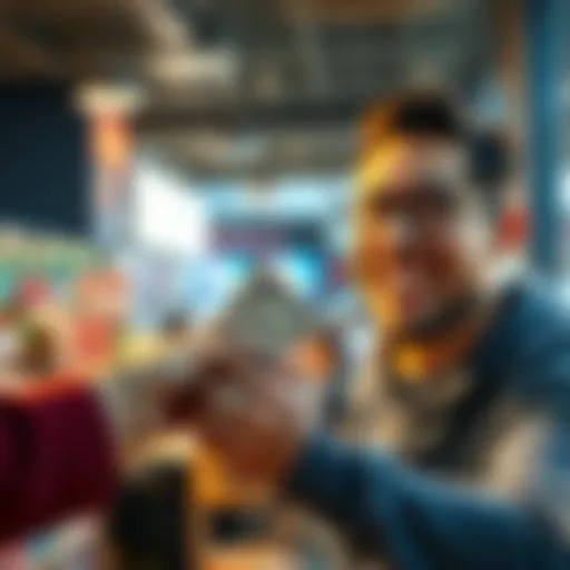 A person happily receiving cash after an instant payment transaction.