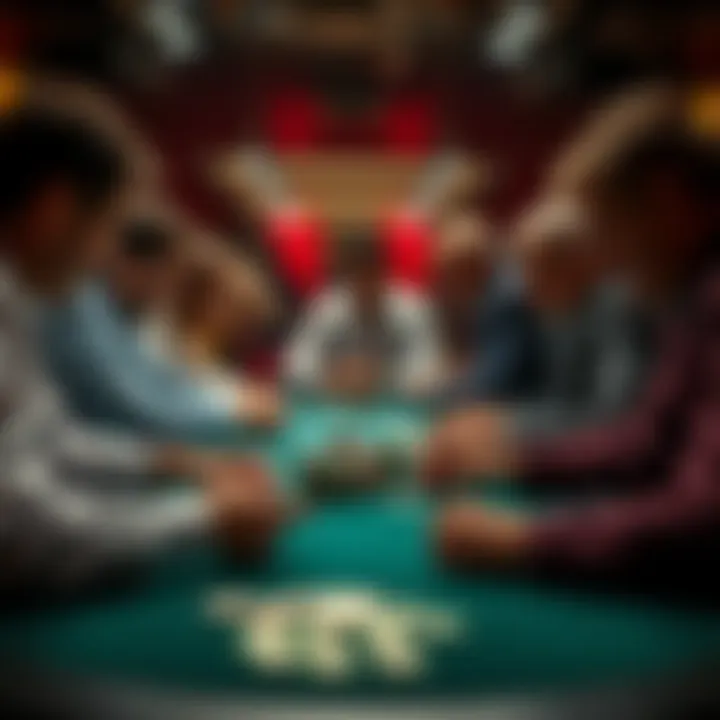 A tense moment in a 9-handed poker game with players at the table focused on their cards and chips, showcasing the excitement of the match.