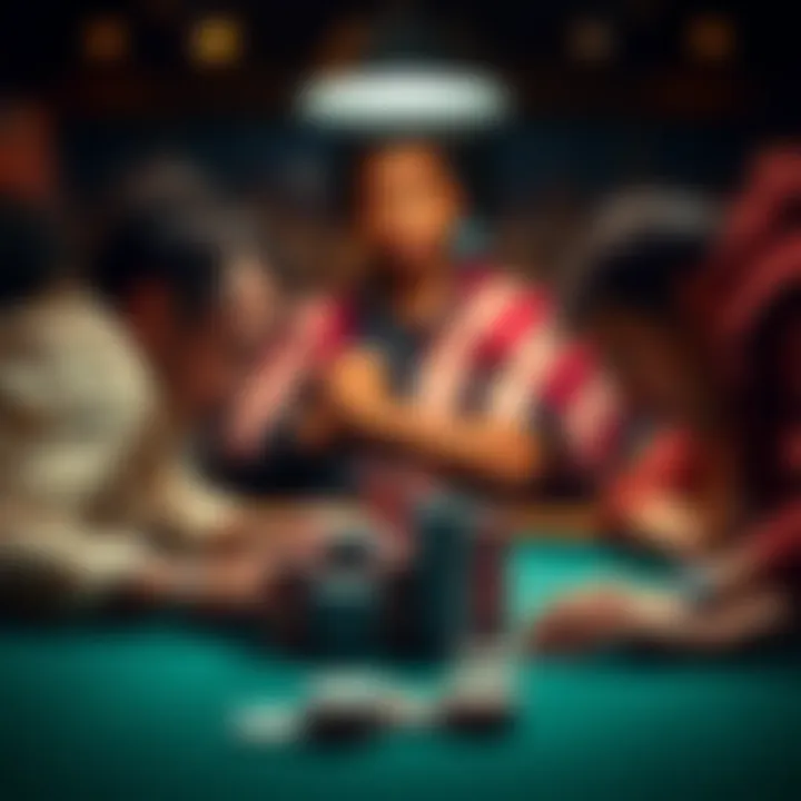 A poker scene showing a tense player facing off against a bold opponent in a $1/2 NLH game, with chips stacked high on the table