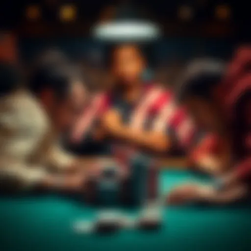 Intense Poker Game A poker scene showing a tense player facing off against a bold opponent in a $1/2 NLH game, with chips stacked high on the table