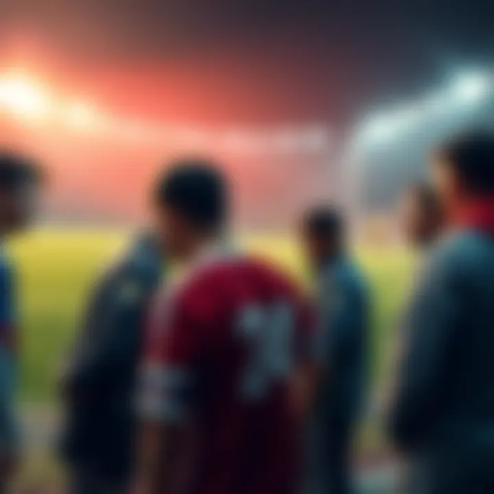 Players on the field during a tense match, with substitutes looking anxious on the sidelines.