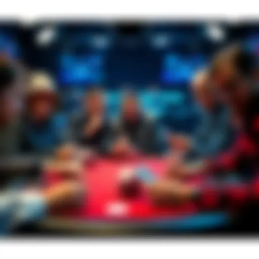 A group of players intensely focused on a poker game at a table, showing their cards with mixed emotions on their faces.