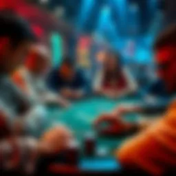 Intense Poker Game Scene A high-stakes poker table with players focused on their cards and chips, showcasing tension and strategy during a big hand.