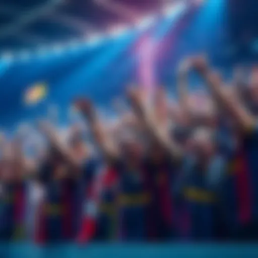 A group of passionate soccer fans cheering for Inter Barcelona BOL in a vibrant atmosphere