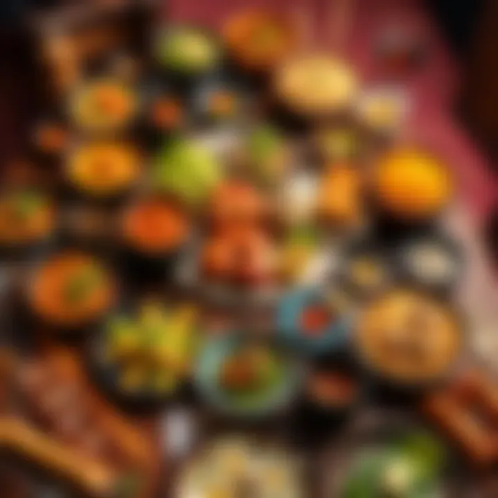 A colorful table filled with dishes from various countries, showcasing Asian, European, and other international cuisines
