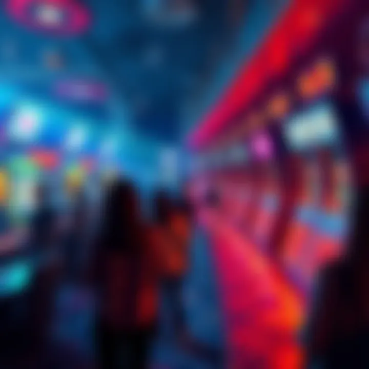 A vibrant scene showing people engaged in an online casino with various interactive games, missions, and loyalty quests.