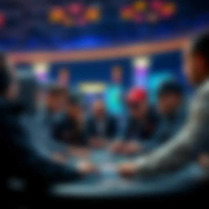 A diverse group of international poker players discussing strategies to fund their participation in WSOP 2026 without transferring money to the casino.