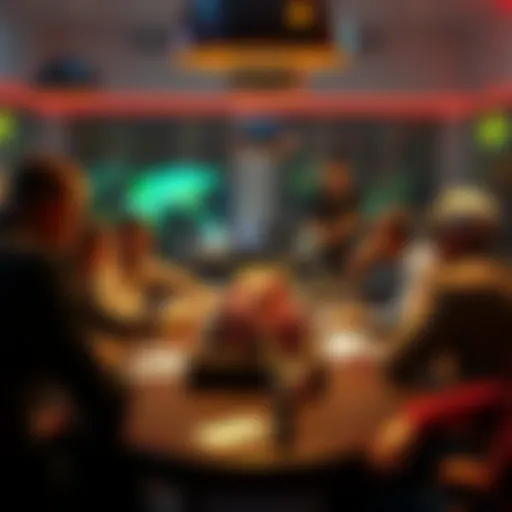 A group of international poker players sitting around a table discussing the upcoming BBB president election in 2025.