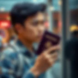 An international student holds a passport and a visa, looking concerned about cash withdrawal at Ignition Casino without a US ID.