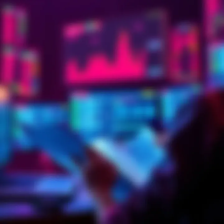 A person reading a document about internet laws in Germany, surrounded by digital devices and screens showing data