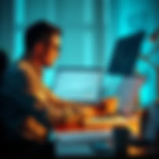 Person analyzing investment tip A person sitting at a desk with a laptop, looking thoughtfully at financial charts and notes about a popular investment tip