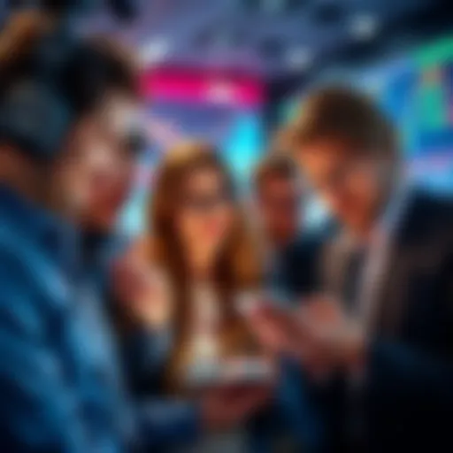 A group of investors looking at rising market prices on their devices, showing graphs and charts of stock trends, with excitement and curiosity on their faces.