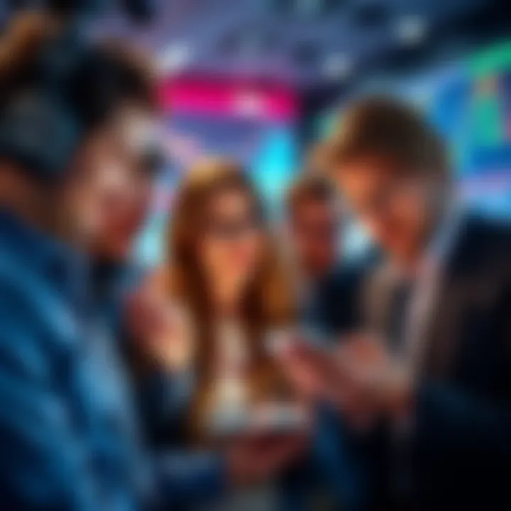 A group of investors looking at rising market prices on their devices, showing graphs and charts of stock trends, with excitement and curiosity on their faces.