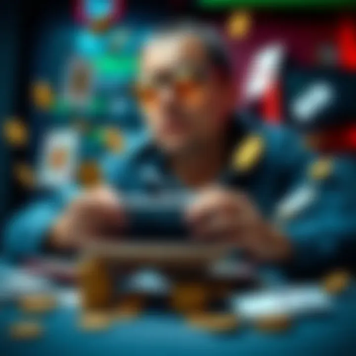 An iPhone user engaged in gaming activity, surrounded by cards and coins representing points collection strategies.