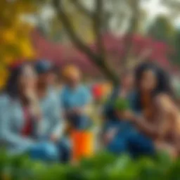A humorous scene depicting a group of people observing quirky situations in a park, with laughter and thoughtful expressions.