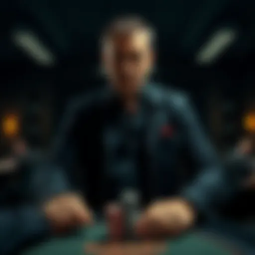 An Israeli mobster with a tough appearance stands intimidatingly over a nervous poker organizer in a dimly lit room with poker tables.