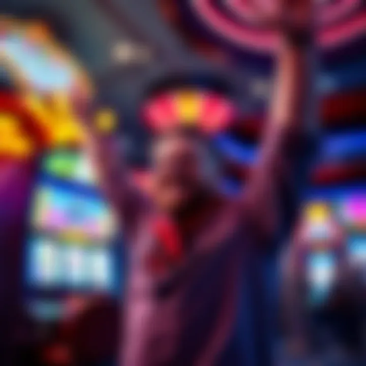 Jackpot Celebration in Vegas A person celebrating a big jackpot win in Las Vegas with a slot machine in the background, surrounded by colorful lights and excitement.