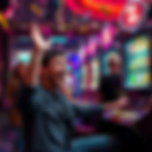 A person celebrating a big win at a slot machine, with joyful expressions and confetti in the air.