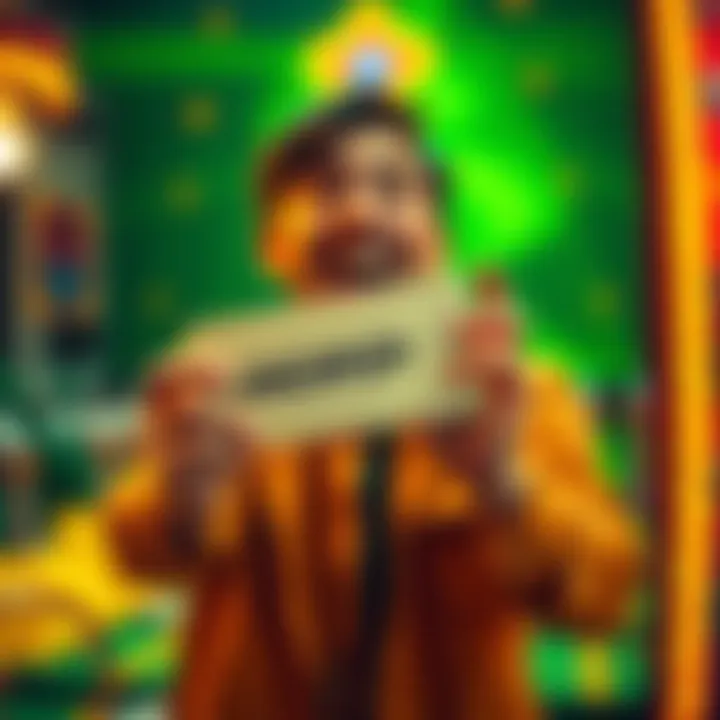 A person excitedly holding a jackpot winning ticket with a big smile, representing the joy of winning