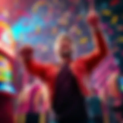 A joyful player celebrating a big jackpot win, surrounded by confetti and colorful lights.
